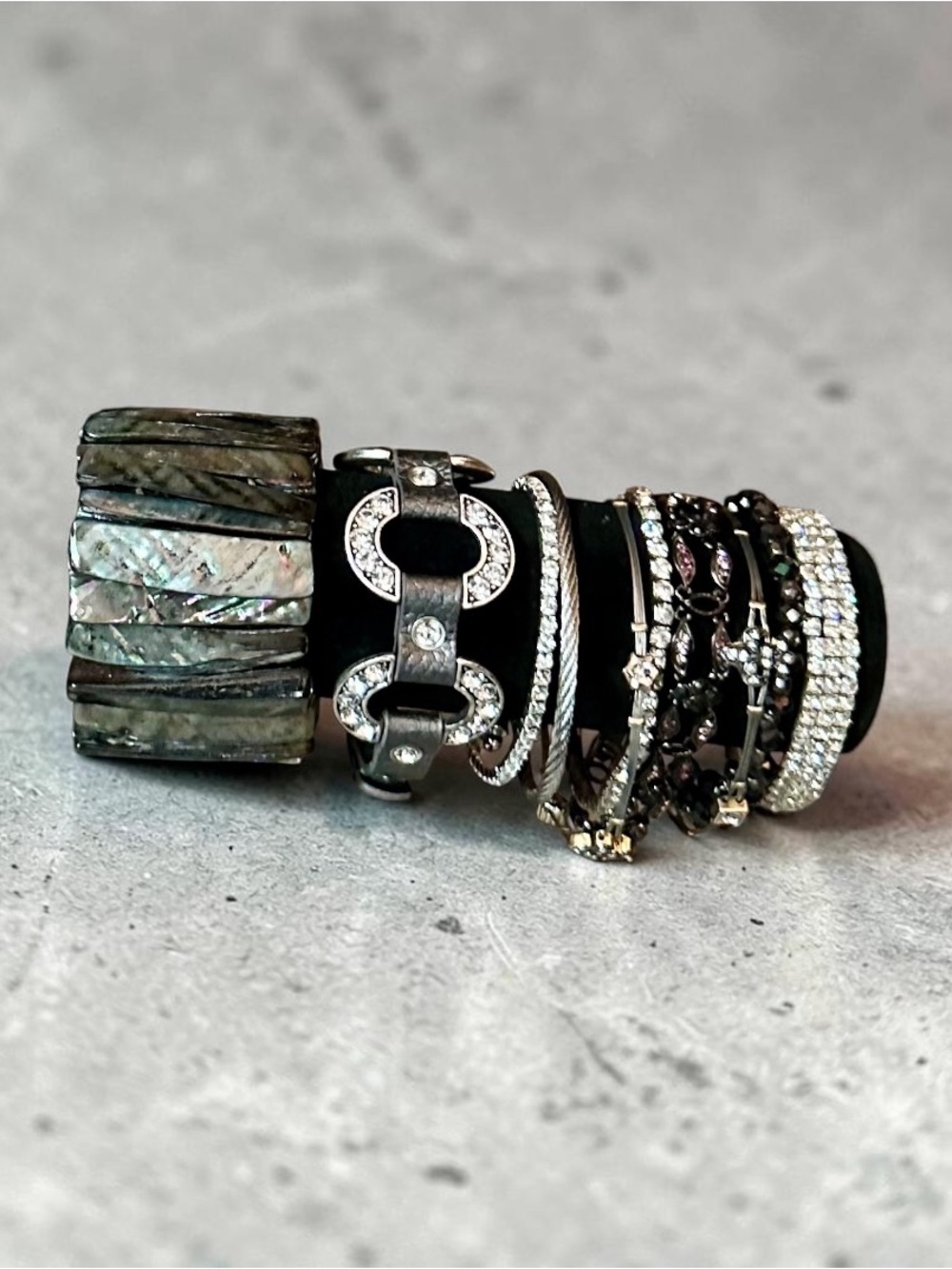 Iridescent Abalone Shell Silver Bracelet Stack Beaded Tennis Chain Boho Set